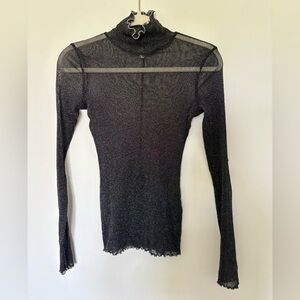 Free People Sparkly Sheer Mock Turtleneck with Ruffle Hem Size Small